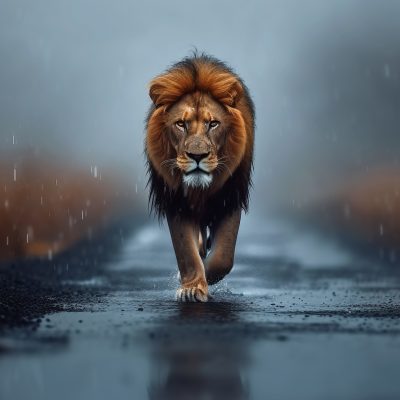 sub adult male lion approaches, walking straight towards the camera